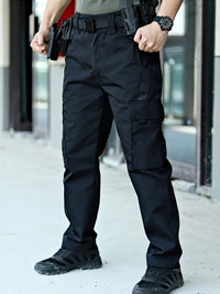 Schwarze taktische Hose für Herren, robust, mit Taschen, ideal für Outdoor-Aktivitäten.