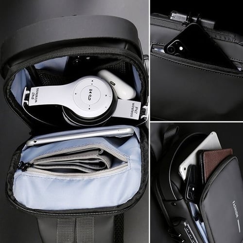 Schwarzer Rucksack mit Kopfhörern, Smartphone und Geldbörse, ideal für Reisen und Alltag.