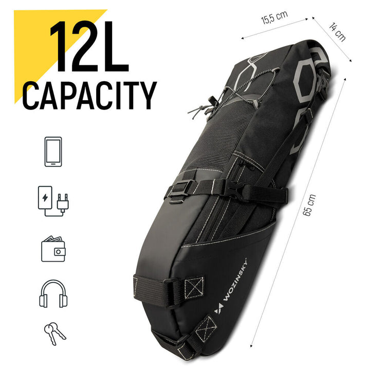 Schwarze 12L Fahrradtasche, wasserdicht, robust, ideal für Radtouren und Outdoor-Abenteuer.