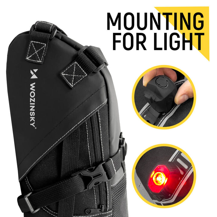 Schwarze Fahrradtasche mit LED-Licht, wasserdicht, robust, ideal für Radfahren und Outdoor.