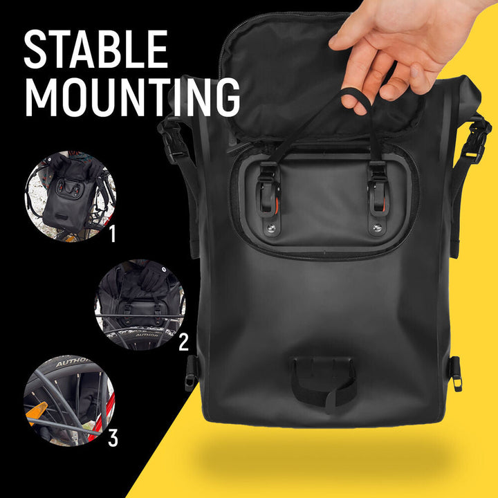 Schwarze wasserdichte Fahrradtasche mit stabiler Befestigung, ideal für Radtouren und Pendeln.