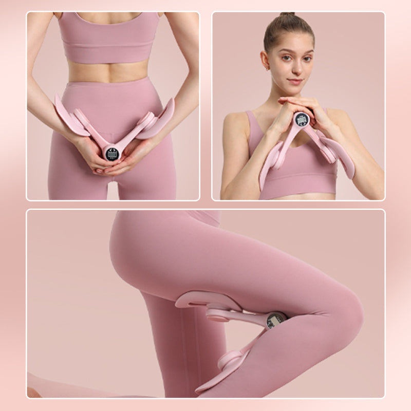 Frau in rosa Sportbekleidung mit Oberschenkeltrainer, Fitnessgerät, Heimtraining, rosa.