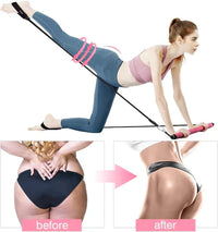 Frau trainiert mit Fitnessband, rosa und blau, Widerstandsband, Heimtraining, Körperformung.