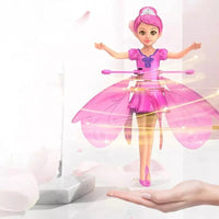 Fliegende Feenpuppe mit rosa Kleid, schwebend über Hand, interaktives Kinderspielzeug.