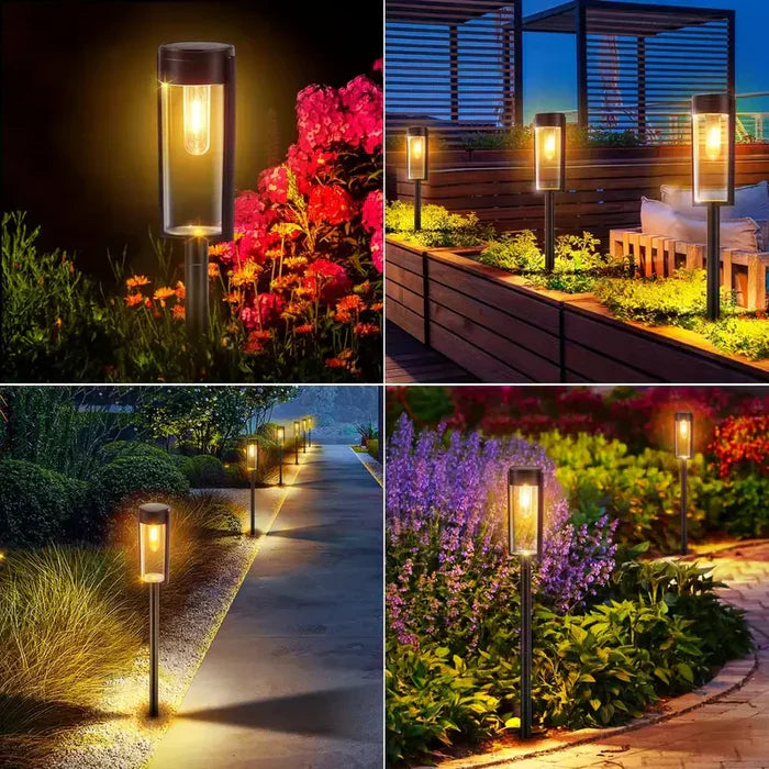 Moderne LED-Solarleuchten für Gartenbeleuchtung, schwarz, energiesparend, wetterfest.