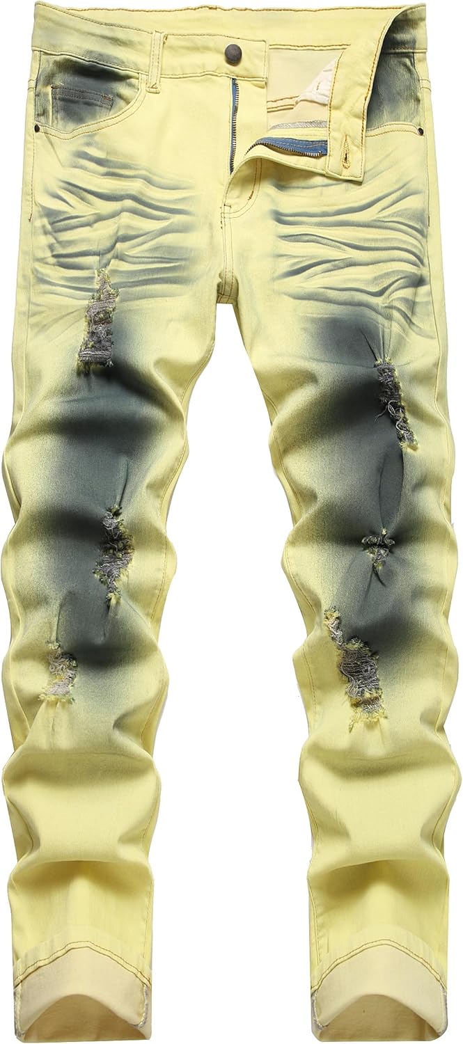 Gelbe Jeanshose, zerrissen, verwaschen, Slim Fit, Herrenmode, Streetwear, Baumwolle.
