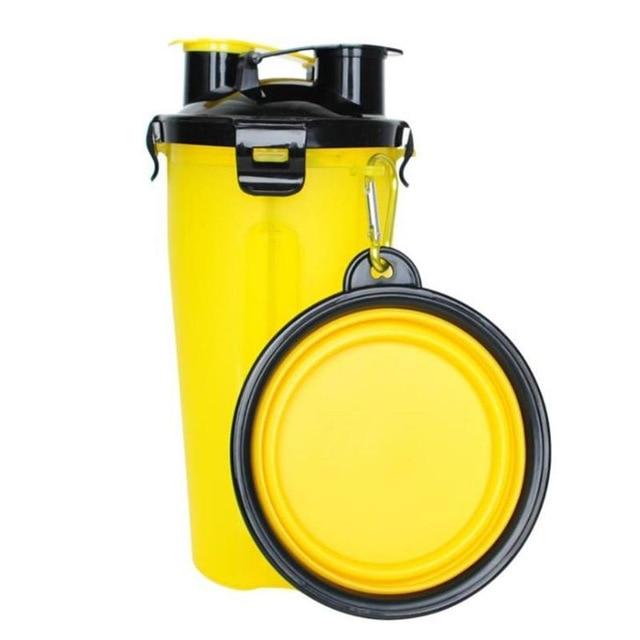 Gelber Proteinshaker mit schwarzem Deckel und faltbarem Silikon-Deckel, Fitness-Zubehör.