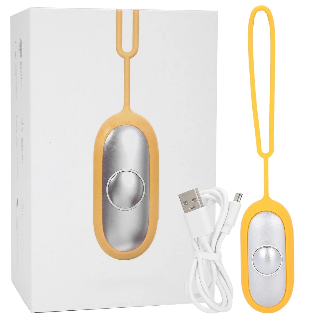 Gelber USB-Vibrationsalarm mit Fernbedienung, Sicherheitsgerät, tragbar, auf weißem Hintergrund.