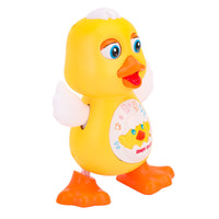 Gelbes Spielzeug-Entenküken aus Kunststoff mit orangefarbenen Füßen und Flügeln.