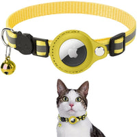 Gelbes Katzenhalsband mit AirTag-Halterung und Glocke, reflektierend, Sicherheit, Haustierzubehör.