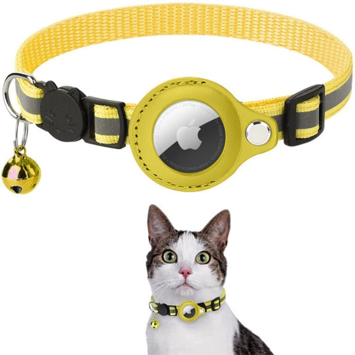 Gelbes Katzenhalsband mit AirTag-Halterung und Glocke, reflektierend, Sicherheit, Haustierzubehör.