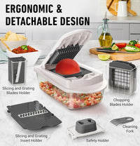 Ergonomischer Gemüseschneider, abnehmbar, mit Schneid- und Reibeklingen, weiß, Küche.