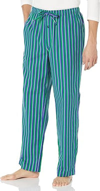 Gestreifte grüne und blaue Herren-Pyjama-Hose aus Baumwolle mit Kordelzug.