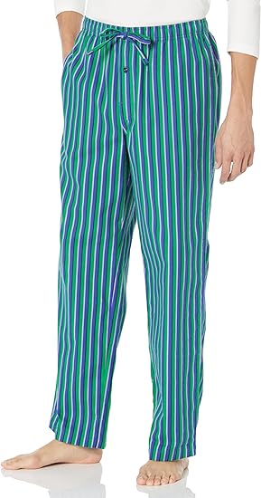 Gestreifte grüne und blaue Herren-Pyjama-Hose aus Baumwolle mit Kordelzug.