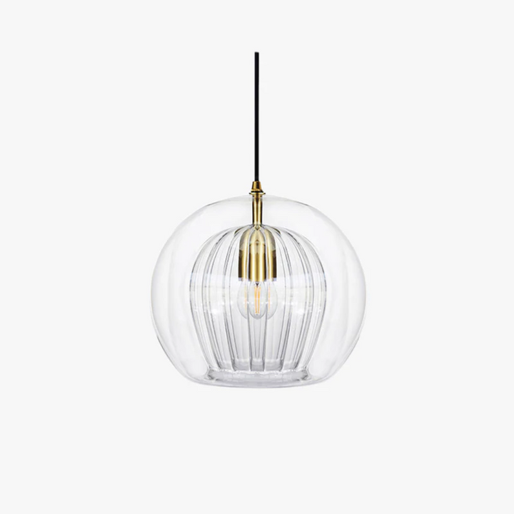 Kugelförmige Glas-Pendelleuchte, transparent, mit schwarzem Kabel, modernes Design.