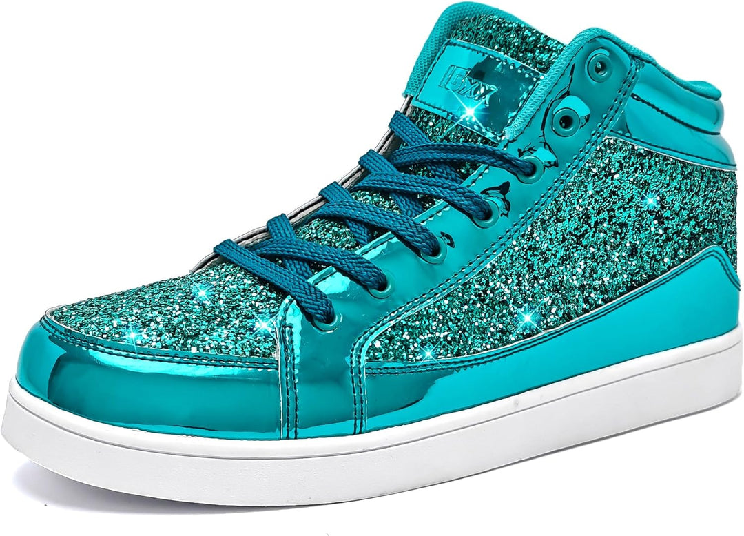 Türkisfarbene glitzernde Sneaker, Damen, modisch, glänzend, Freizeitschuh, hohe Sohle.