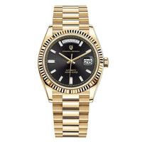 Luxus Herrenuhr, goldfarben, Edelstahlarmband, schwarzes Zifferblatt, automatisches Uhrwerk.