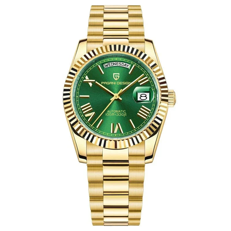 Goldene Armbanduhr mit grünem Zifferblatt, Datumsanzeige, Edelstahlarmband, Herrenautomatikuhr.