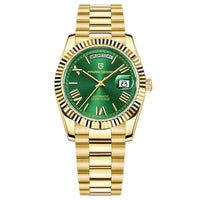 Goldene Armbanduhr mit grünem Zifferblatt, Datumsanzeige, Edelstahlarmband, Herrenautomatikuhr.
