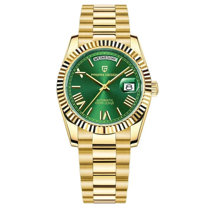 Goldene Armbanduhr mit grünem Zifferblatt, Datumsanzeige, Edelstahlarmband, Herrenautomatikuhr.
