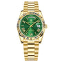 Goldene Armbanduhr mit grünem Zifferblatt, Datumsanzeige, Edelstahlarmband, Herrenautomatikuhr.
