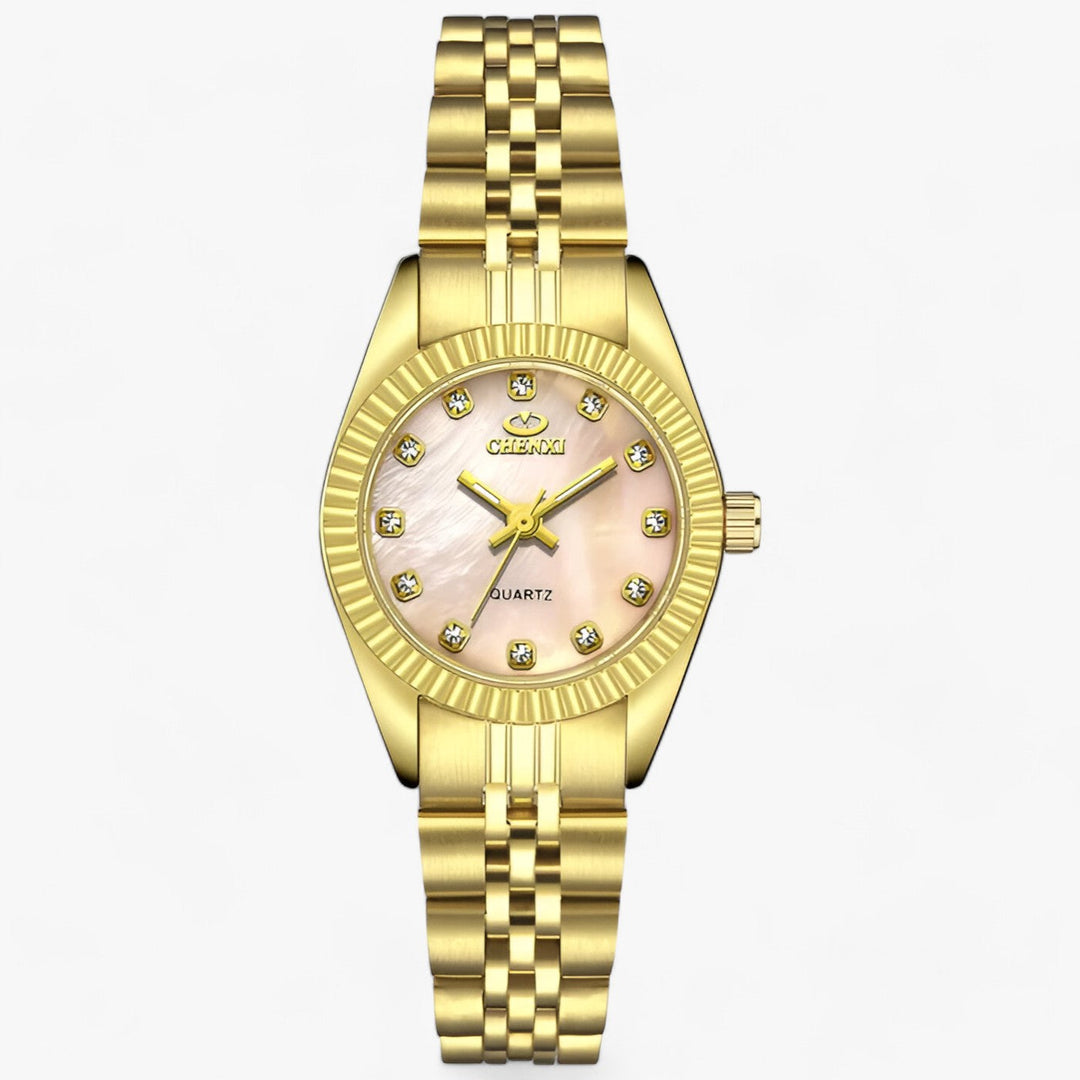 Goldene Damenarmbanduhr mit Perlmuttzifferblatt und Strasssteinen, elegantes Design.