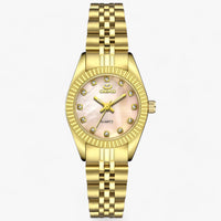 Goldene Damenarmbanduhr mit Perlmuttzifferblatt und Strasssteinen, elegantes Design.