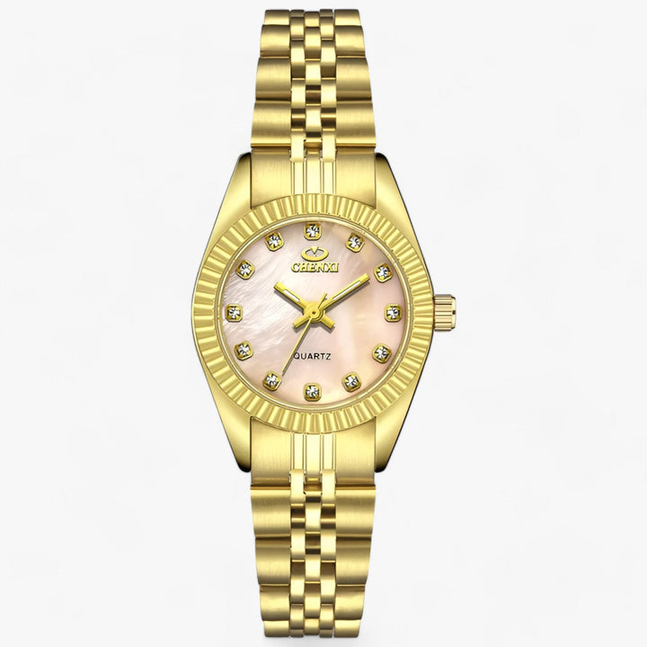 Goldene Damenarmbanduhr mit Perlmuttzifferblatt und Strasssteinen, elegantes Design.