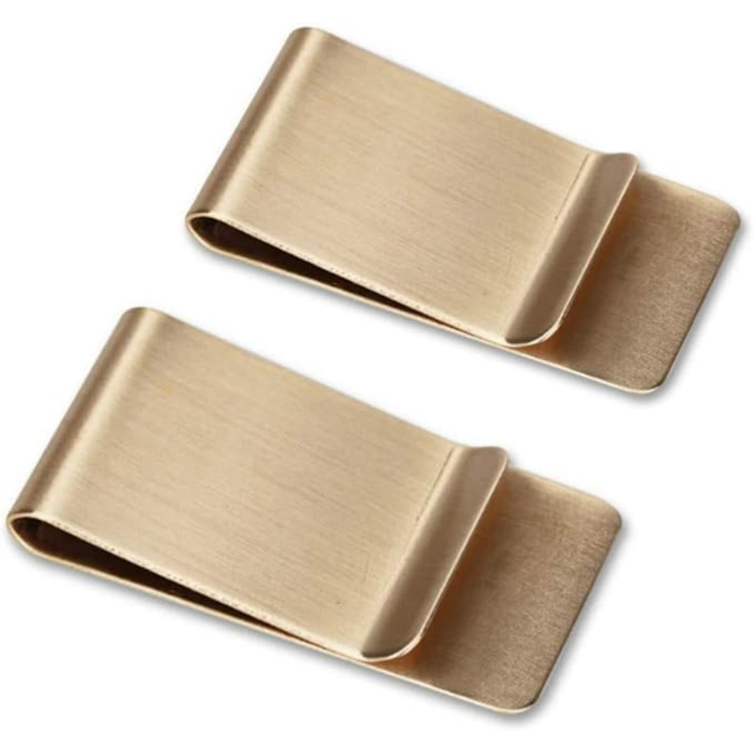 Zwei goldene Edelstahl-Geldscheinklammern, minimalistisches Design, langlebig.