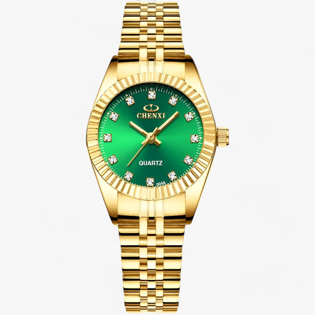 Goldene Armbanduhr mit grünem Zifferblatt, Quarzwerk, Diamantindizes, Edelstahlarmband.