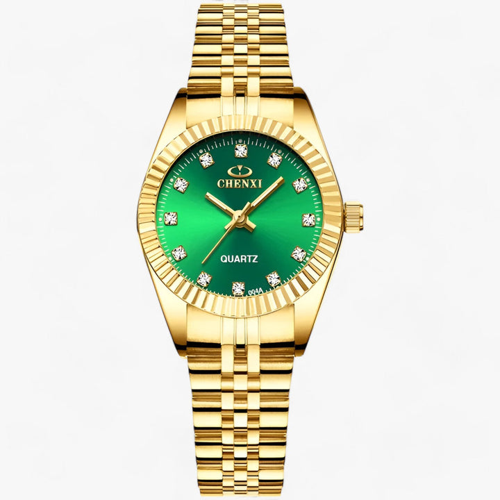 Goldene Armbanduhr mit grünem Zifferblatt, Quarzwerk, Diamantindizes, Edelstahlarmband.