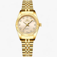 Goldene Damenarmbanduhr mit Strasssteinen, Quarzwerk, elegantes Design, Metallarmband.