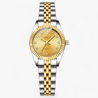 Goldene und silberne Damenarmbanduhr, Quarz, Edelstahl, mit Strasssteinen, elegant.
