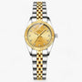 Goldene und silberne Damenarmbanduhr, Quarz, Edelstahl, mit Strasssteinen, elegant.