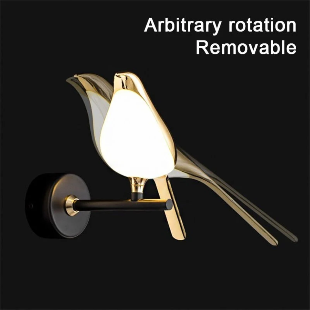 Goldene Vogel-Wandleuchte, drehbar, abnehmbar, modernes Design, schwarze Halterung.
