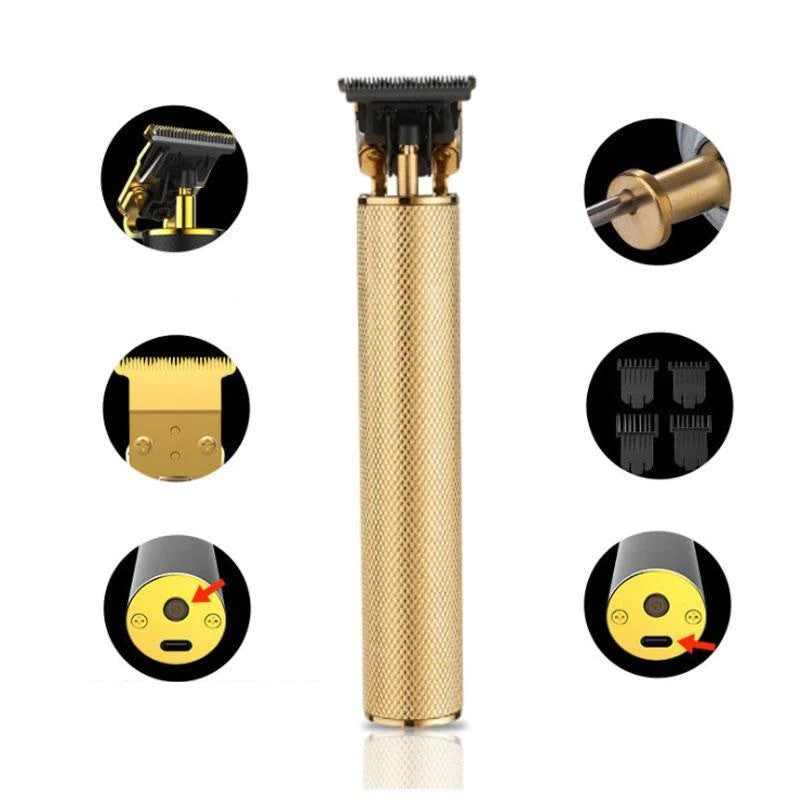 Goldener elektrischer Haarschneider, kabellos, wiederaufladbar, Präzisionsklingen, Friseurwerkzeug.