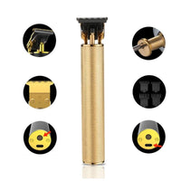 Goldener elektrischer Haarschneider, kabellos, wiederaufladbar, Präzisionsklingen, Friseurwerkzeug.