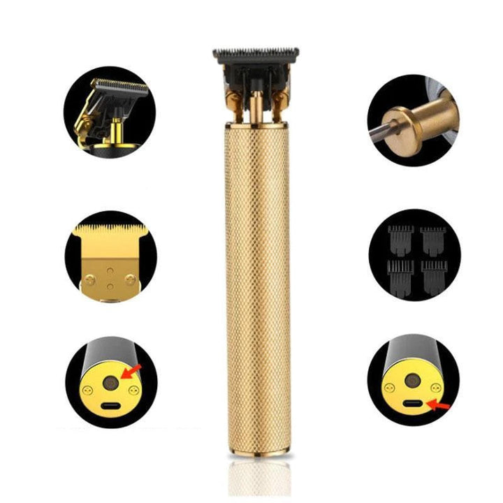 Goldener elektrischer Haarschneider, kabellos, wiederaufladbar, Präzisionsklingen, Friseurwerkzeug.
