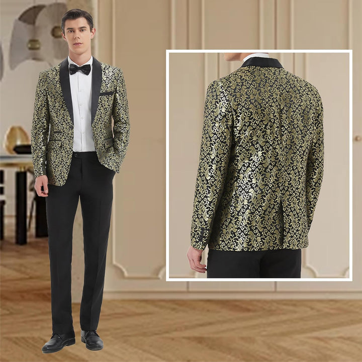 Mann im eleganten gold-schwarzen Brokat-Sakko mit Fliege, formelle Abendmode, luxuriöses Design.