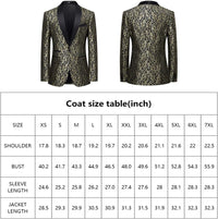 Schwarzes und goldenes Brokat-Sakko, Herrenmode, elegantes Design, Größenübersicht.
