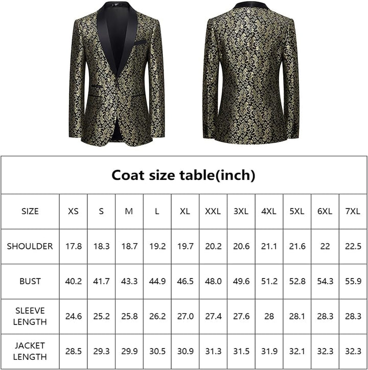 Schwarzes und goldenes Brokat-Sakko, Herrenmode, elegantes Design, Größenübersicht.