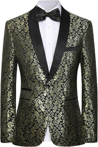 Goldenes Brokat-Sakko mit schwarzem Revers, Herrenmode, festlicher Anzug, elegantes Design.