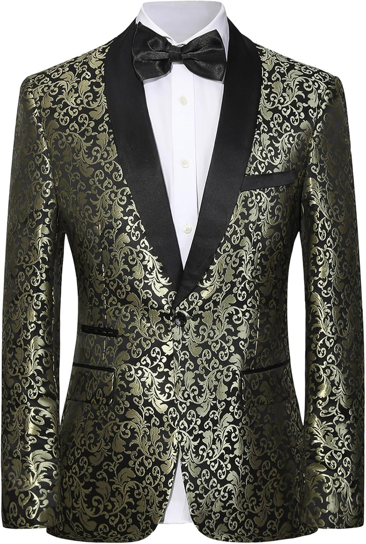 Goldenes Brokat-Sakko mit schwarzem Revers, Herrenmode, festlicher Anzug, elegantes Design.