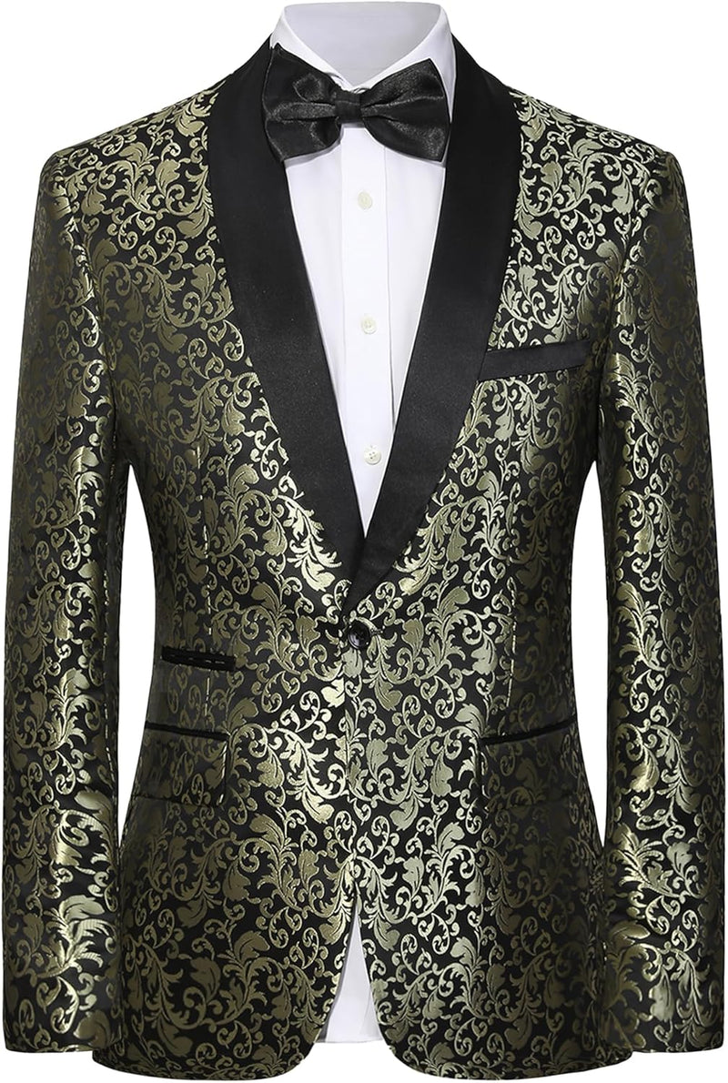 Goldenes Brokat-Sakko mit schwarzem Revers, Herrenmode, festlicher Anzug, elegantes Design.