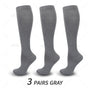 3 Paar graue Kompressionsstrümpfe, knielang, unisex, atmungsaktiv, elastisch.
