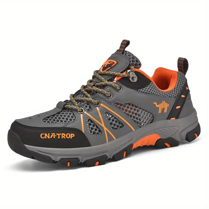 Grauer und orangefarbener Wanderschuh, atmungsaktiv, rutschfest, für Outdoor-Aktivitäten.