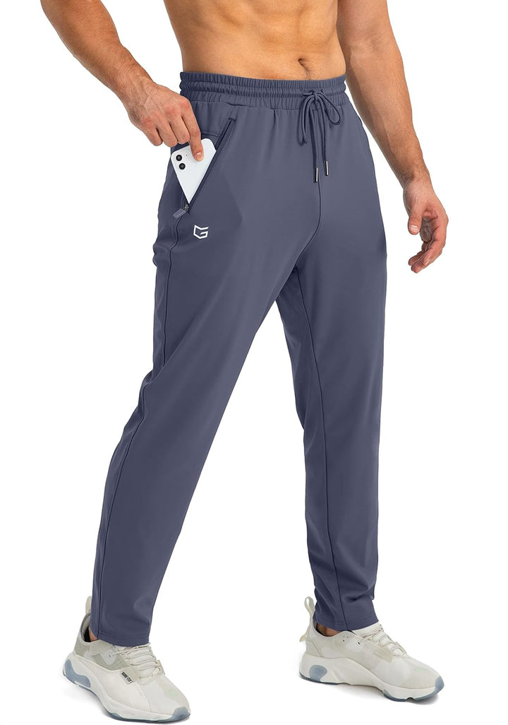 Graue Herren-Sporthose mit Smartphone-Tasche, elastischer Bund, ideal für Fitness und Freizeit.