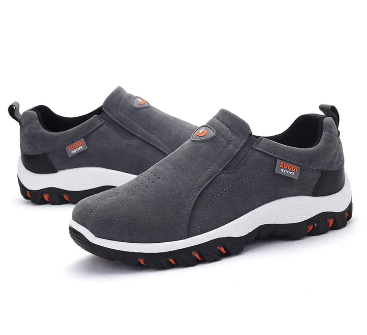 Graue Herren-Sneaker aus Wildleder, rutschfeste Sohle, sportlich, bequem, modisch.
