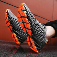 Graue Sportschuhe mit orangefarbener Sohle, atmungsaktives Mesh, rutschfest, Herren Sneaker.