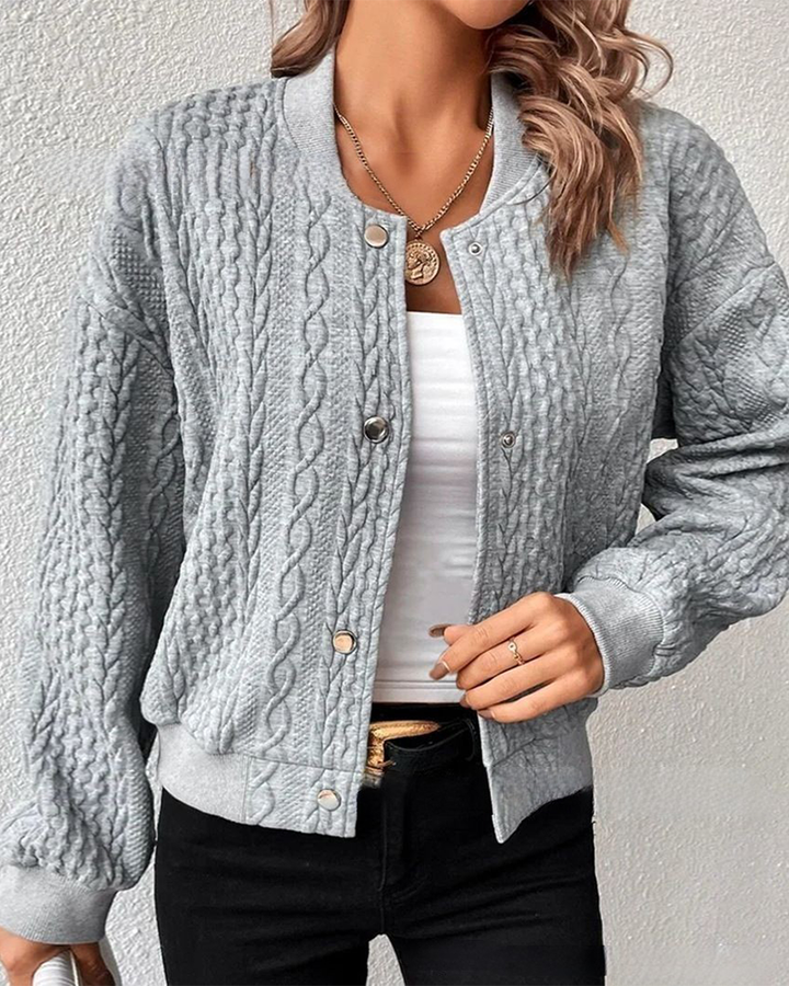 Damen Strickjacke grau, Zopfmuster, lässig, modisch, Herbstmode, Baumwolle, Reißverschluss.